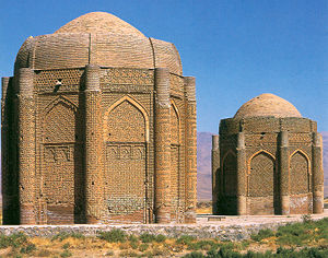 The Kharaghan twin towers, built in 1067 AD, Persia, contain tombs of Seljuki princes.